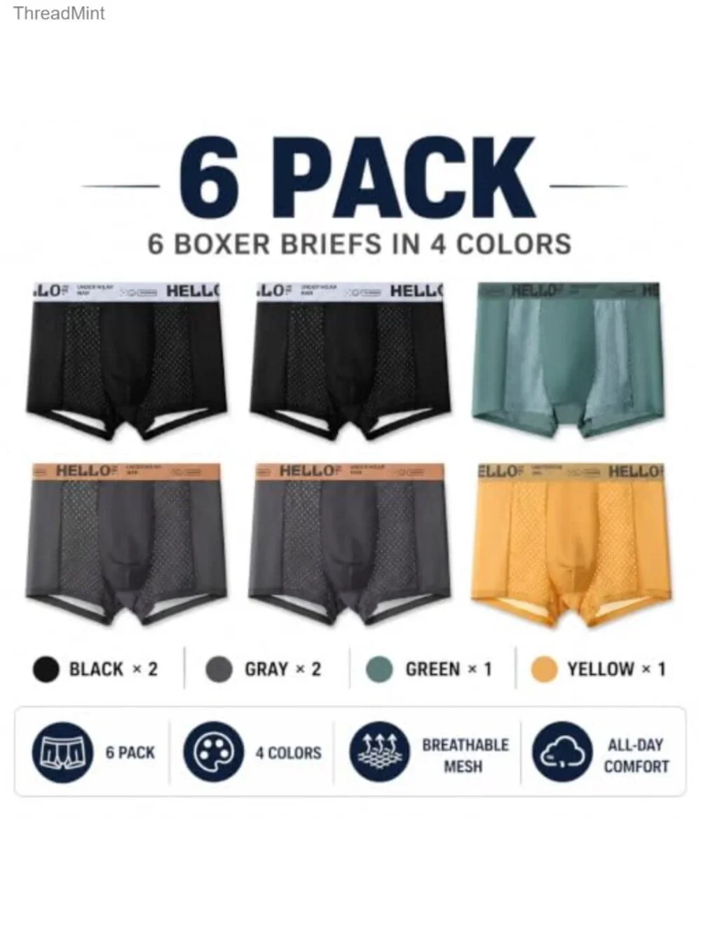 6-Pack Men's Mesh Boxer Briefs Silky Cooling Underwear Moisture Wicking